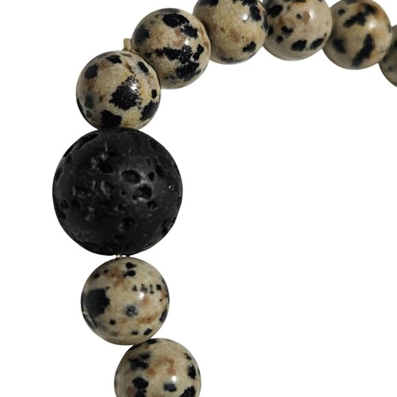 Dalmatian Jasper Lava Stone Beaded Stretch Bracelet Positive Joy Boho Jewelry - Picture 2 of 3